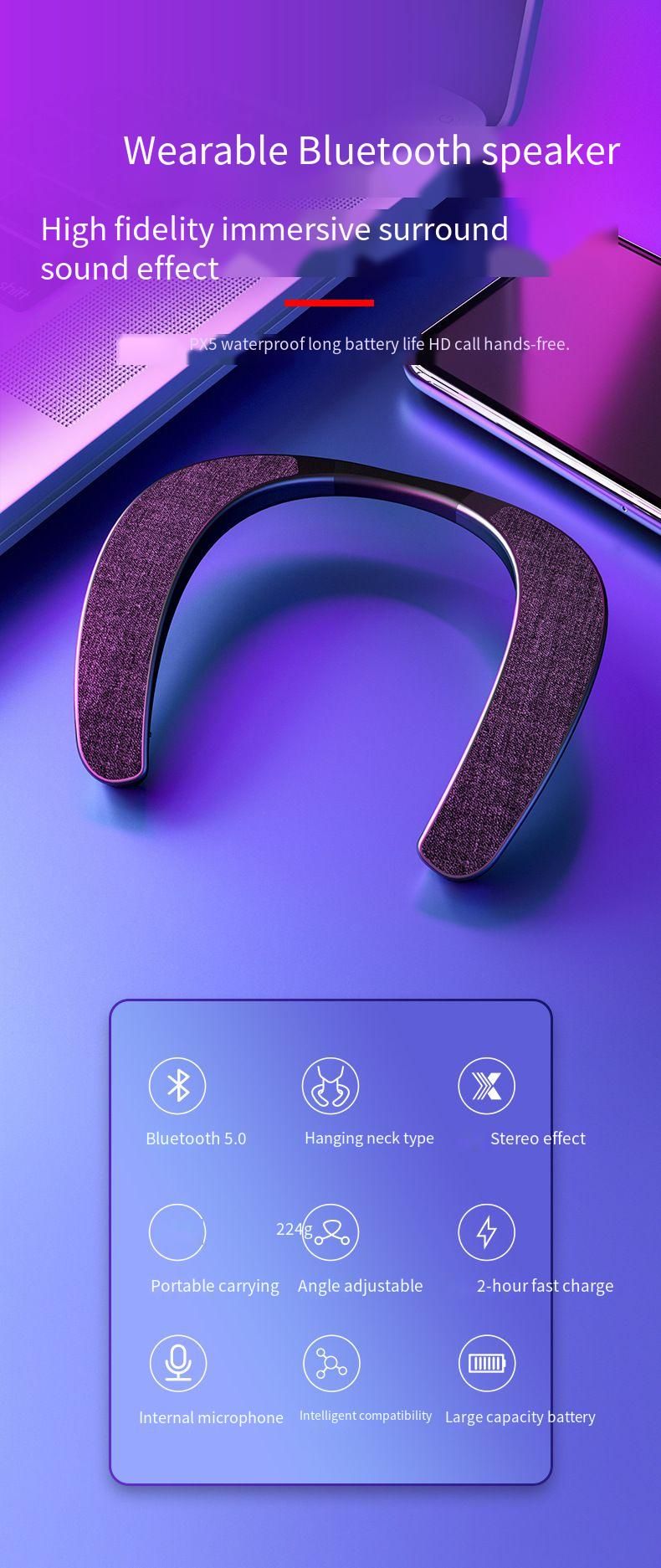 Nuovo altoparlante stereo per giochi con subwoofer in tessuto Bluetooth wireless da appendere al collo_voghion.com