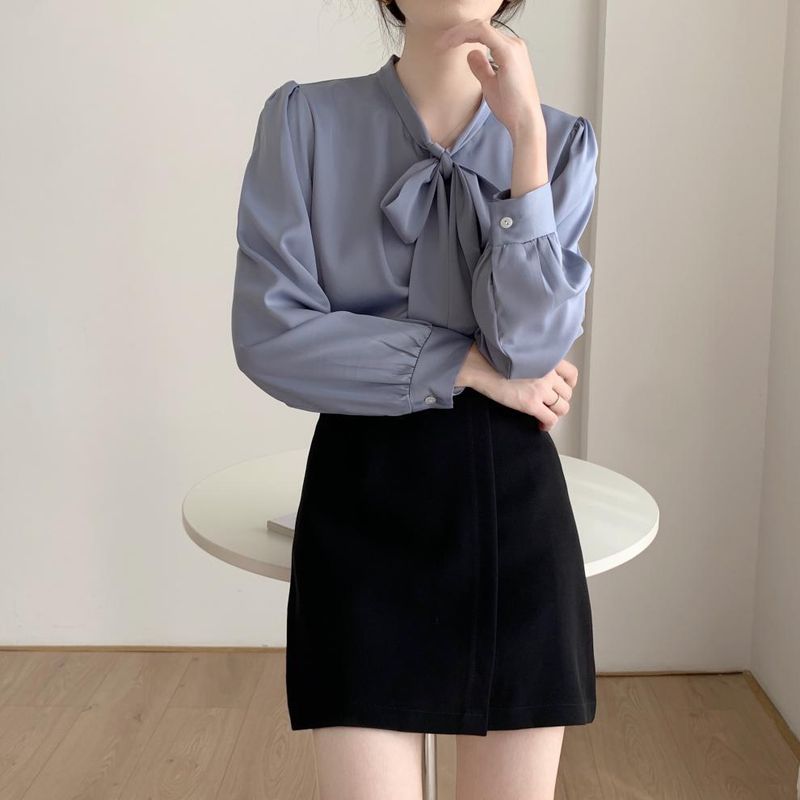 K New Bow Tie Design Women's Shirt; Minority Professional Style Satin Blouse With Sash_voghion.com