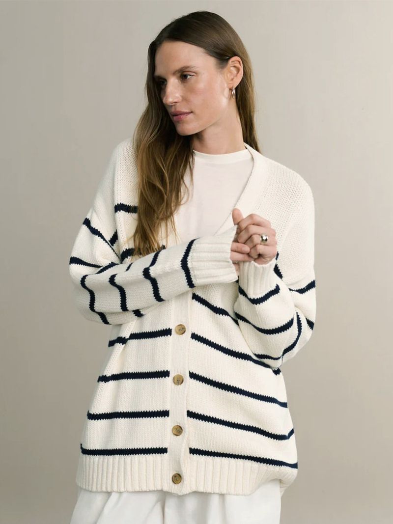 Cardigan da donna in maglia a righe, scollo a V, misto cotone, vestibilità ampia, manica lunga, casual, aperto sul davanti_voghion.com
