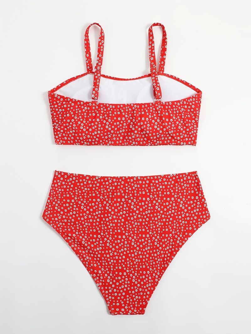 Plus Size High Waist Bikini Set - Floral Print & Polka Dot Swimsuit For Women Tummy Control Two-Piece Swimwear With Adjustable Ties_voghion.com