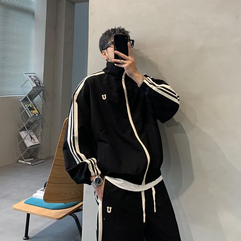Herren-Set aus Kapuzenpullover und Jogginghose im Hong Kong-Stil mit überschnittenen Schultern – Übergroße Streetwear-Loungewear (Schwarz/Marineblau/Braun, M-3XL)_voghion.com