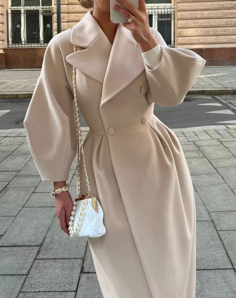 Manteau en laine pour femmes, coupe-vent intellectuel, poche, revers, couleur unie, manches lanternes, nouvelle collection hiver_voghion.com