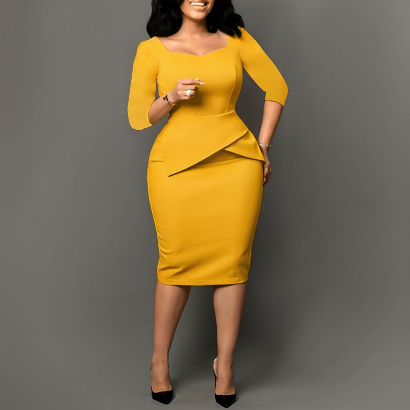 Women's Pencil Dress – High Waist Bodycon Office Dress With Square Neck & 3/4 Sleeves (Blue/Tan/White, M/L/XL/XXL)_voghion.com