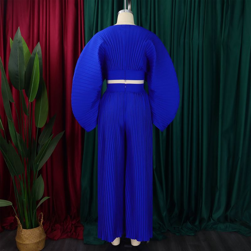 Abbigliamento donna nuova primavera pantaloni larghi a gamba larga con scollo a V pieghettato in due pezzi_voghion.com
