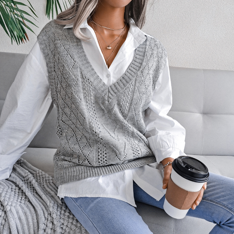 Pull tricoté à col en v pour femme, vêtement style Ins, ajouré et torsadé, collection automne et hiver 2023_voghion.com