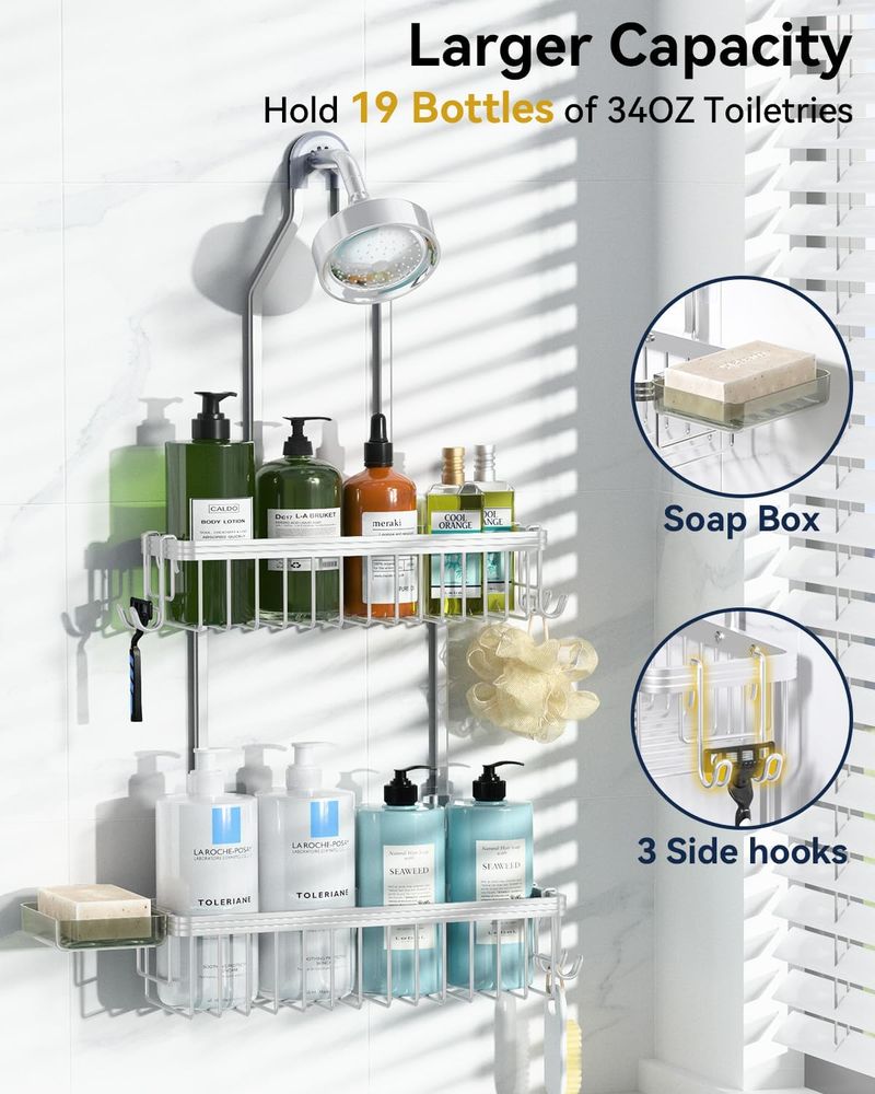 2-Tier Shower Organizer | Aluminum Hanging Rack | Razor Hook & Soap Dish | 18kg | EU Space Saver_voghion.com
