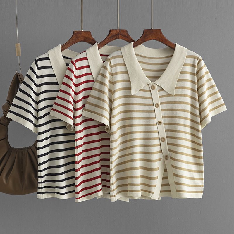 Maglietta estiva da donna nuova, a righe, a maniche corte, con colletto polo, MM_voghion.com