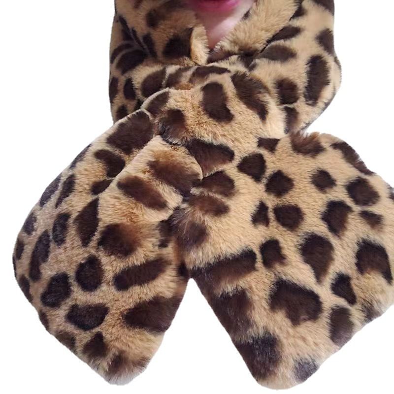 Winter Or Women, Plush Thickened Warm Neck Warmer, Rabbit Fur Cross Scar, Korean Style Fashion Leopard Print_voghion.com
