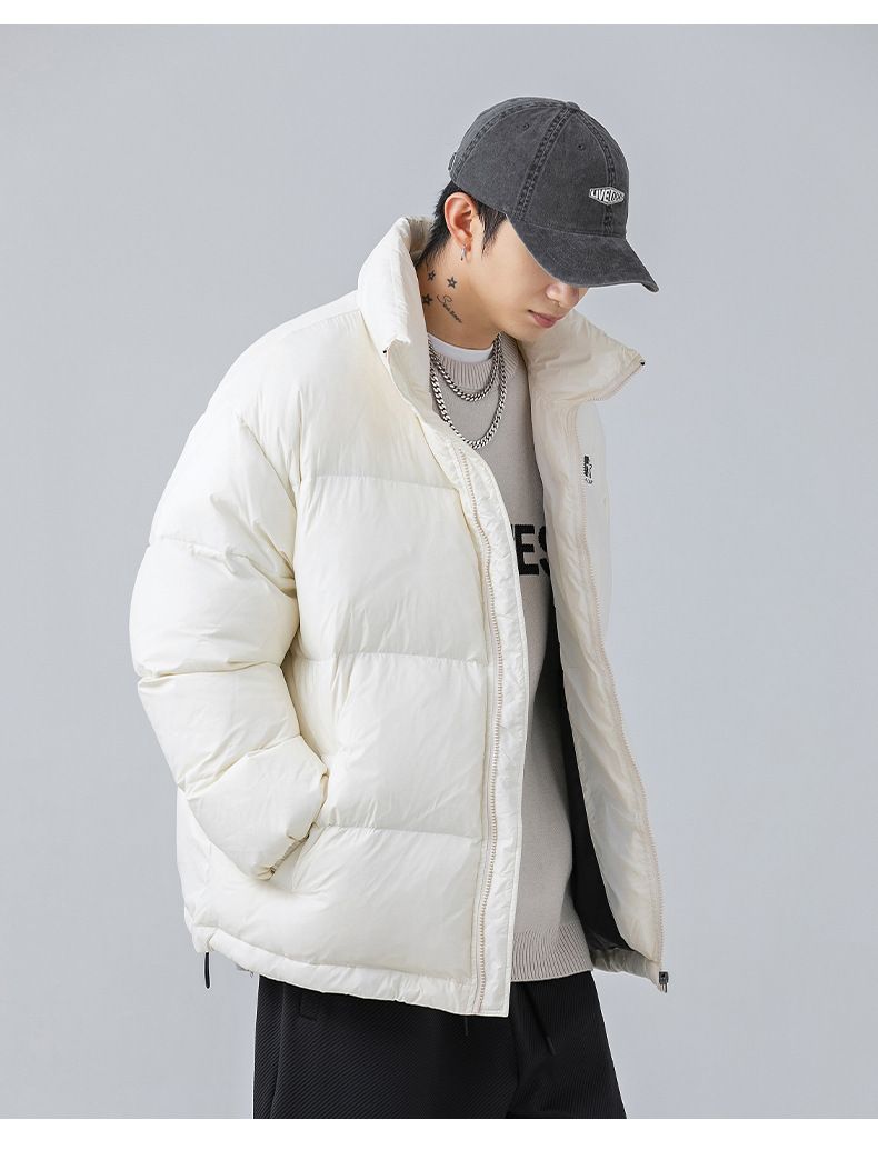 Doudoune imprimée unisexe d'hiver - Doudoune ample et épaisse avec rembourrage en plumes de canard pour homme et femme (noir, blanc cassé)_voghion.com