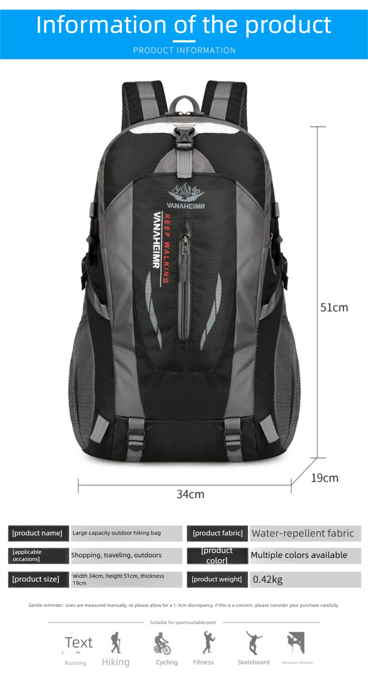 Outdoor Hiking Bag Breathable Water-Resistant Travel Camping Picnic Men's Casual Sports Backpack Large Capacity_voghion.com
