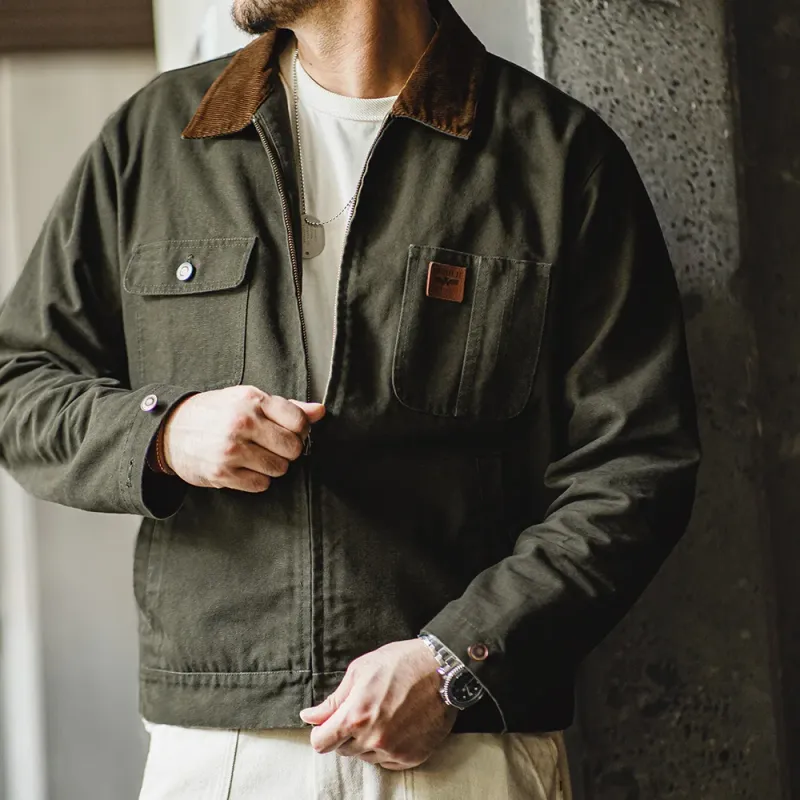 Maden Retro Heavyweight Canvas Detroit Jacke Cordkragen Jagd Kurze Reißverschlussjacke mit Taschen Herren Herbst Oberbekleidung_voghion.com
