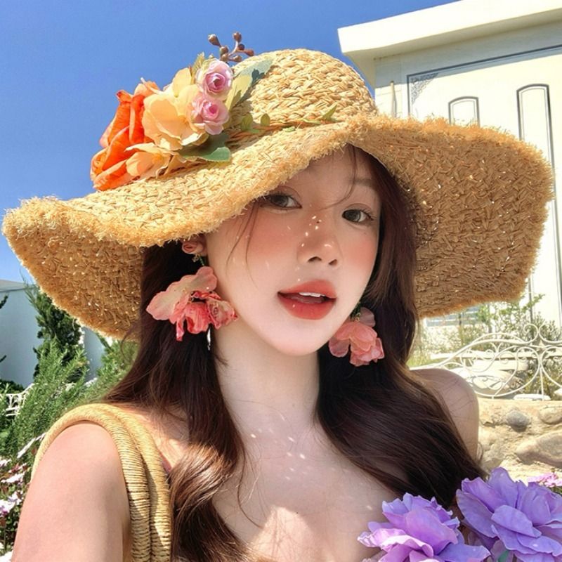 Women's Straw Summer Floral Beach Vacation Wide Brim Sun Hat_voghion.com