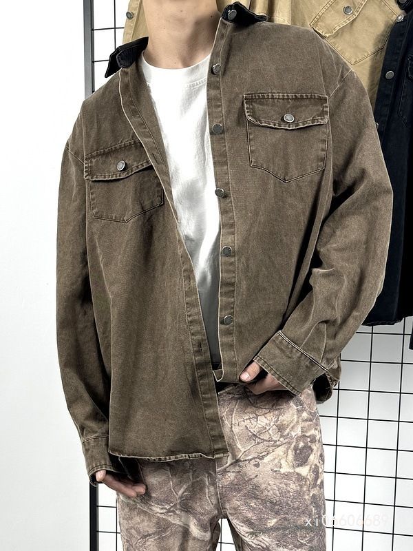 Herbst/Winter Neue Color-Block Umlegekragen Amerikanischer Stil Canvas Gefärbt Vintage Washed Arbeitshemd Unisex Jacke_voghion.com