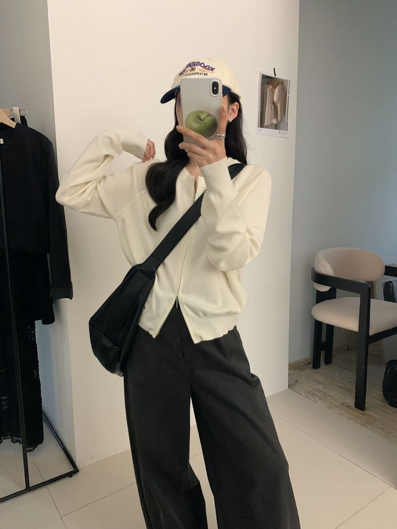 Women's Oversized Zip-Up Knit Cardigan With Dual Zippers - Soft Long Sleeve Casual Sweater For Everyday Comfort_voghion.com