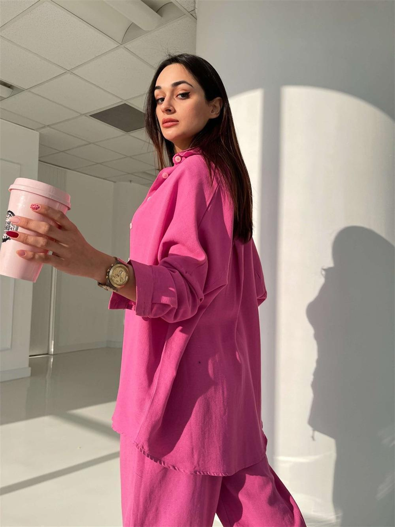 New European and American Casual Set Solid Color Polo Collar Long Sleeve Shirt Top Harlan Pants Two Piece Set_voghion.com