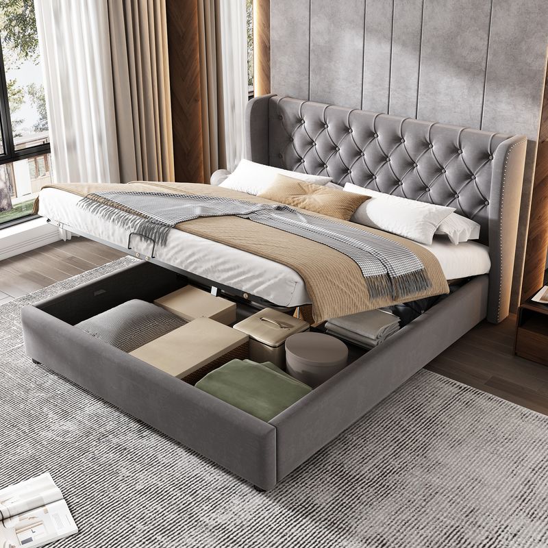 Lit double 140 x 200 cm, matelas coffre hydraulique en velours capitonné à gros boutons, sommier à lattes, sommier non tissé noir anti-poussière, gris_voghion.com
