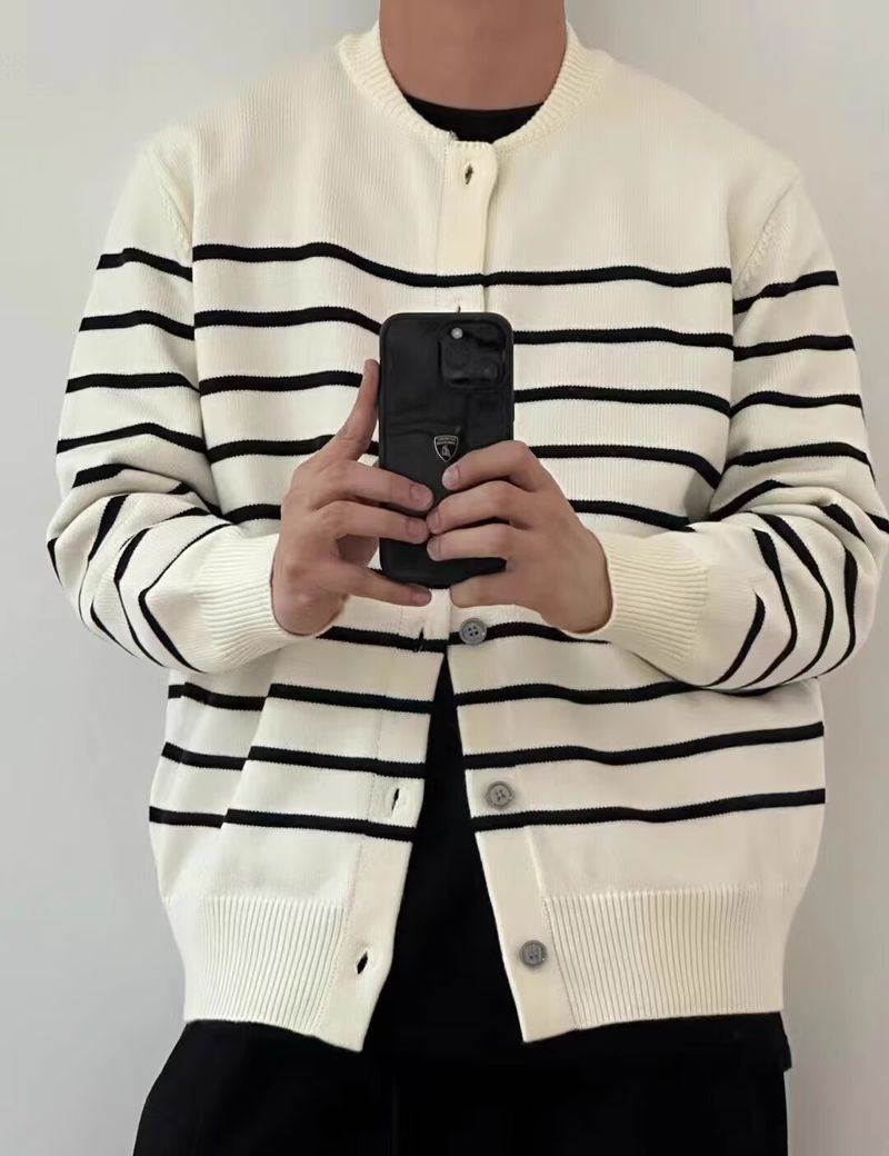 Gestreifter Damen-Strickpullover – Langärmliger, lässiger Mantel mit Knopfleiste vorne, offen, weich und bequem, trendiger College-Stil_voghion.com