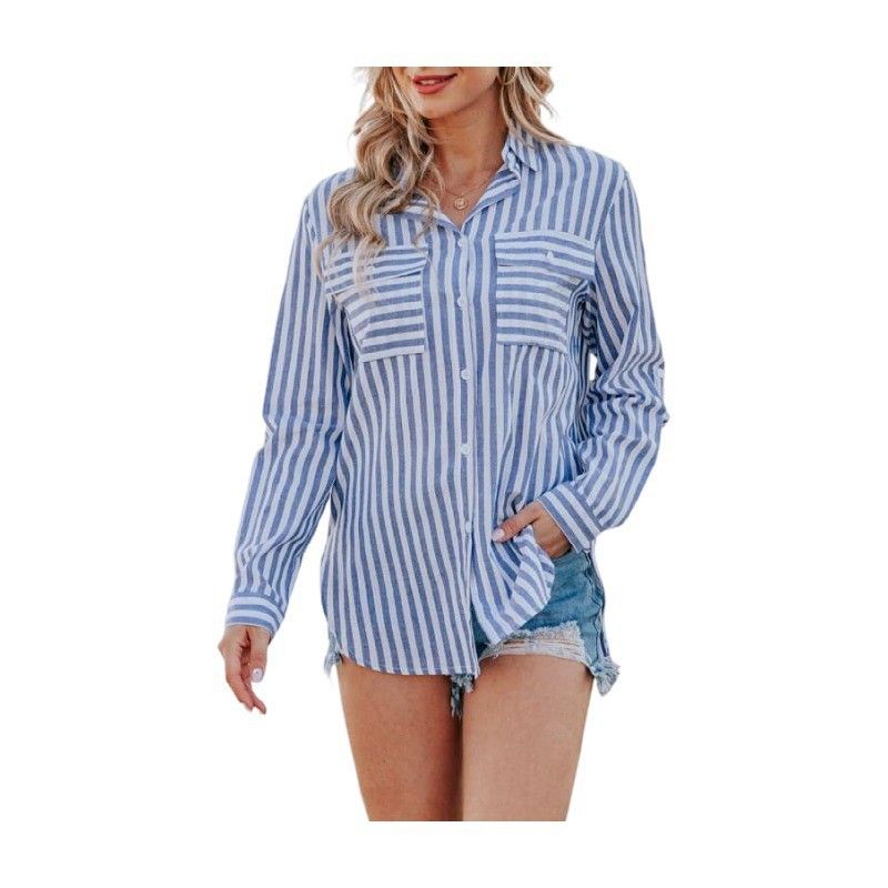 Verve Abbigliamento Donna Primavera Estate 2025 Nuova Camicia a Maniche Lunghe Monopetto a Righe in Cotone e Poliestere per Donna_voghion.com