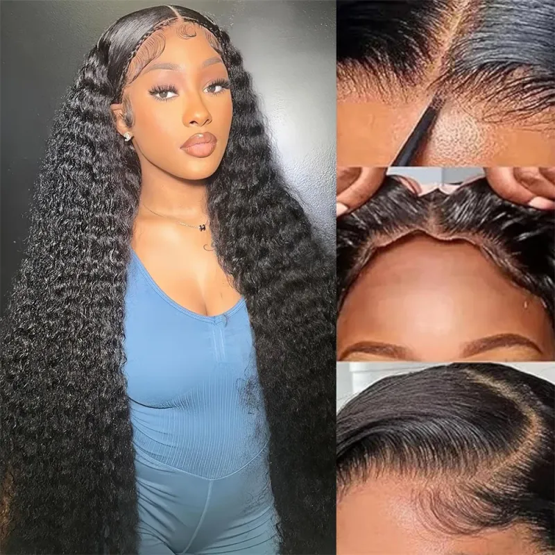 Pelucas de cabello humano brasileño con ondas al agua y encaje frontal para mujer, peluca prearrancada sin pegamento y con rizos profundos, 180 %_voghion.com
