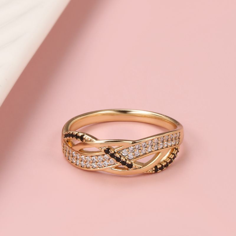Ready Stock 585 Rose Ring Two Cross Black White Zircon Bling Gold Plating Fashion Fine Summer French Trend Jewelry Anillo Joyas_voghion.com