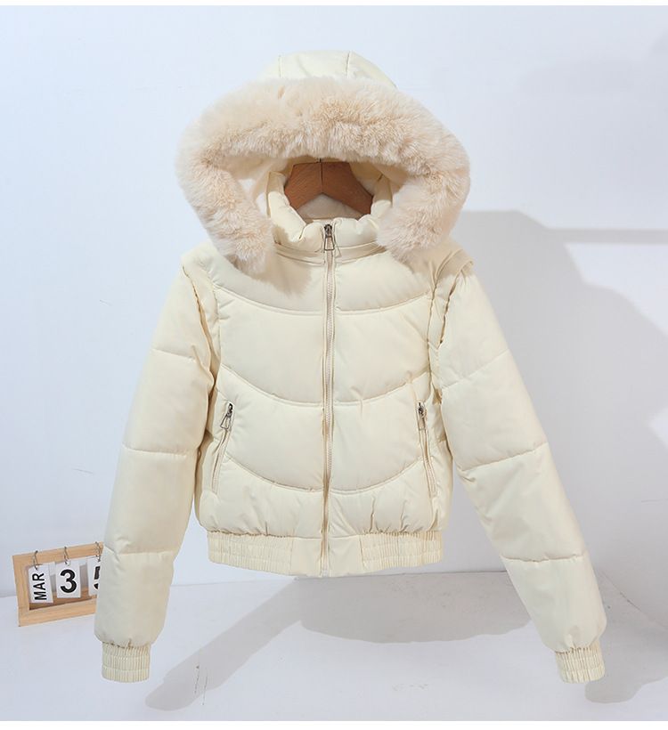Doudoune courte convertible à manches amovibles et capuche en fausse fourrure pour femme - Manteau d'hiver taille haute doublé polaire épaisse_voghion.com