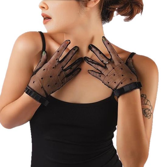 Guanti con fiocco in pizzo nero gotico, accessori per costumi Lolita di Halloween_voghion.com