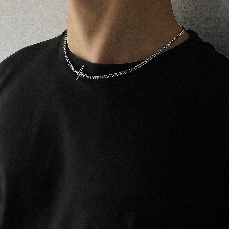 Chaîne minimaliste à motif de battements de cœur pour homme, style vintage chic et léger, idéale pour un look luxueux. Électrocardiogramme tendance et polyvalent._voghion.com