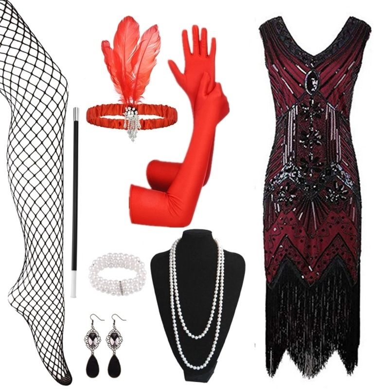 Vestido de noche de graduación estilo Gatsby con flecos y lentejuelas de los años 20 con conjunto de accesorios_voghion.com