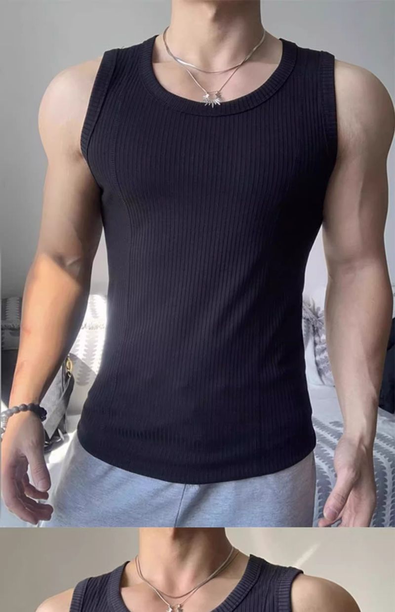 "Men's Muscle Fit Sleeveless Vest - Breathable Mesh Gym Tank Top For Summer Workouts & Bodybuilding - White/Black Athletic Compression Shirt"_voghion.com