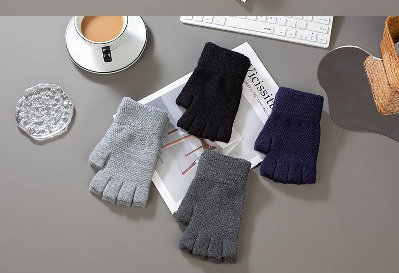 Half Finger Men Autumn Winter Cold Proof Warm Knitted Wool Fingerless Flip Cover Riding Driving Thickened Student Gloves_voghion.com