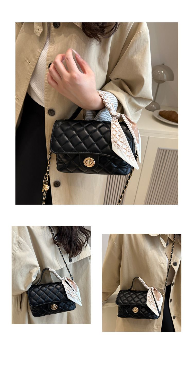 Women's Fashion Shoulder Bag With Quilted Design, Chain Strap & Scarf Detail - Soft PU Crossbody Purse For Daily Commute & Casual Outings_voghion.com