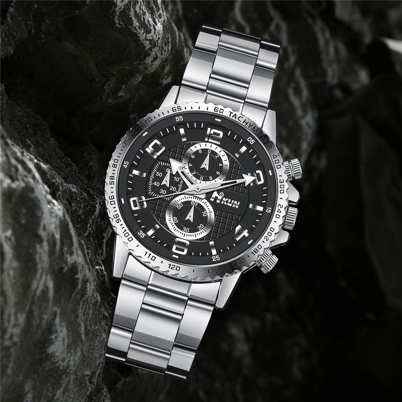 Men's Watch Set Grid Digital Pointer Steel Band Men's Quartz Watch Business All Match Crown Bracelet Set_voghion.com
