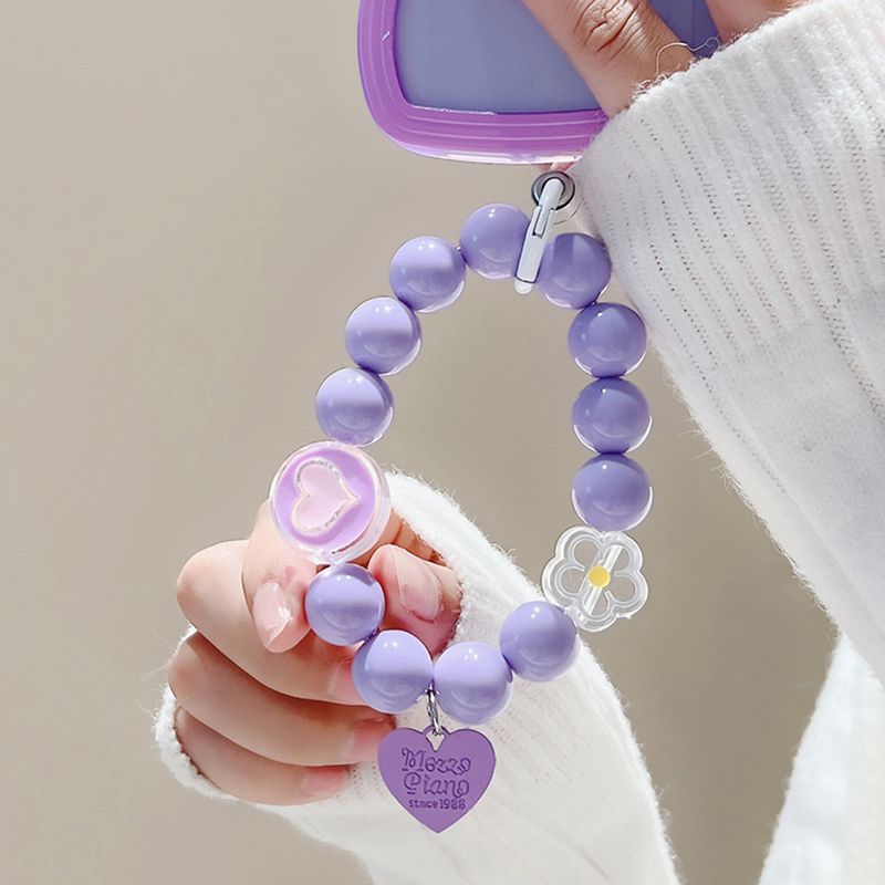 Love Heart Flower Mobile Phone Lanyard Short Wrist Strap Bracelet Beads Handmade Pendant Phone Charms Anti-lost Keychain Cord_voghion.com