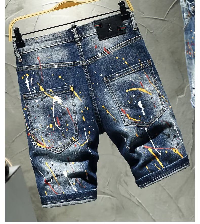 Pantaloncini in denim con fori a spruzzo d'inchiostro da uomo, alla moda, aderenti, estivi, a cinque punti, di media lunghezza_voghion.com