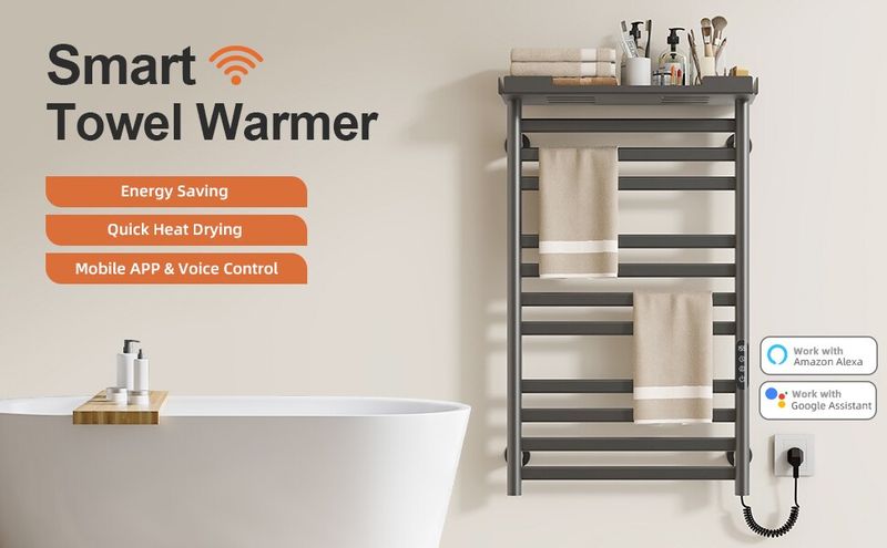 SIOYIE Heated Towel Rack With Shelf And Wi-Fi App Control, 11 Bars Electric Wall Mounted Towel Warmer With Timer & Adjustable Temperature, Low Carbon Steel, Plug-in/Hardwired, Gray_voghion.com
