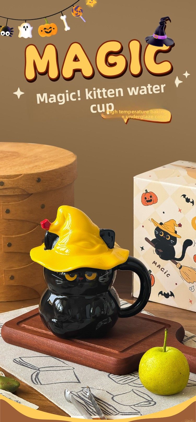 Keramikbecher mit Geisterkatzenmotiv und Deckel – Wasser für Frauen – Neu 2025 – Hochwertiger Becher – Geschenkidee für Zuhause_voghion.com