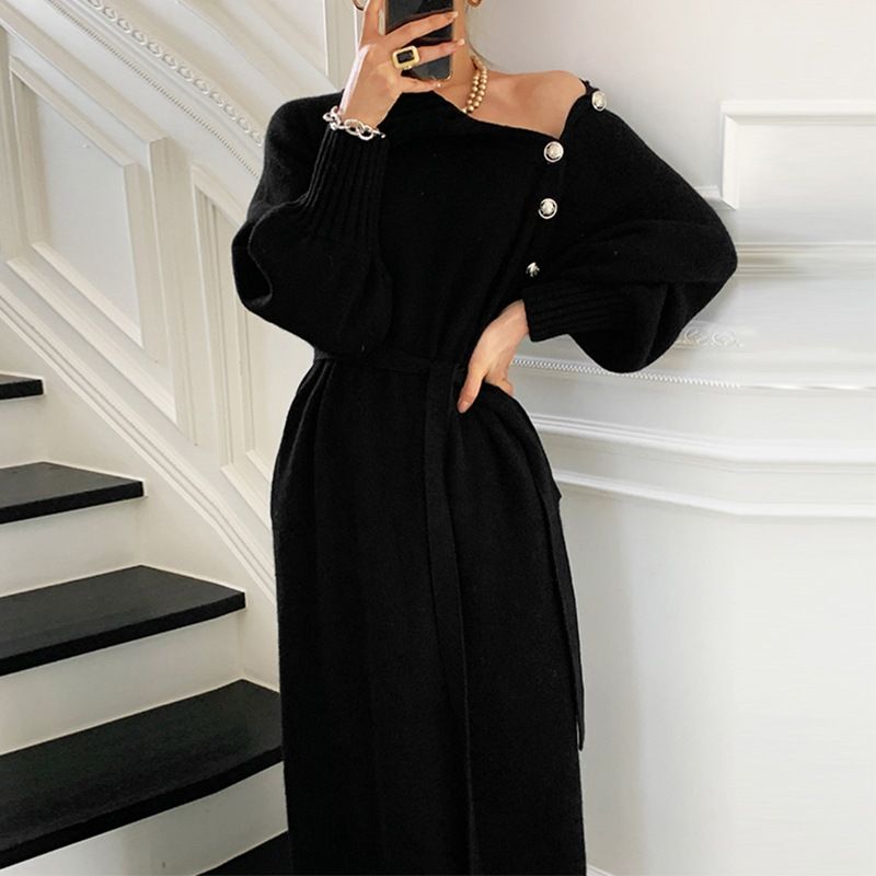 Elegante cappotto interno in stile francese, maglione lungo sopra il ginocchio, abito lavorato a maglia per donna, autunno e inverno, giapponese e coreano_voghion.com
