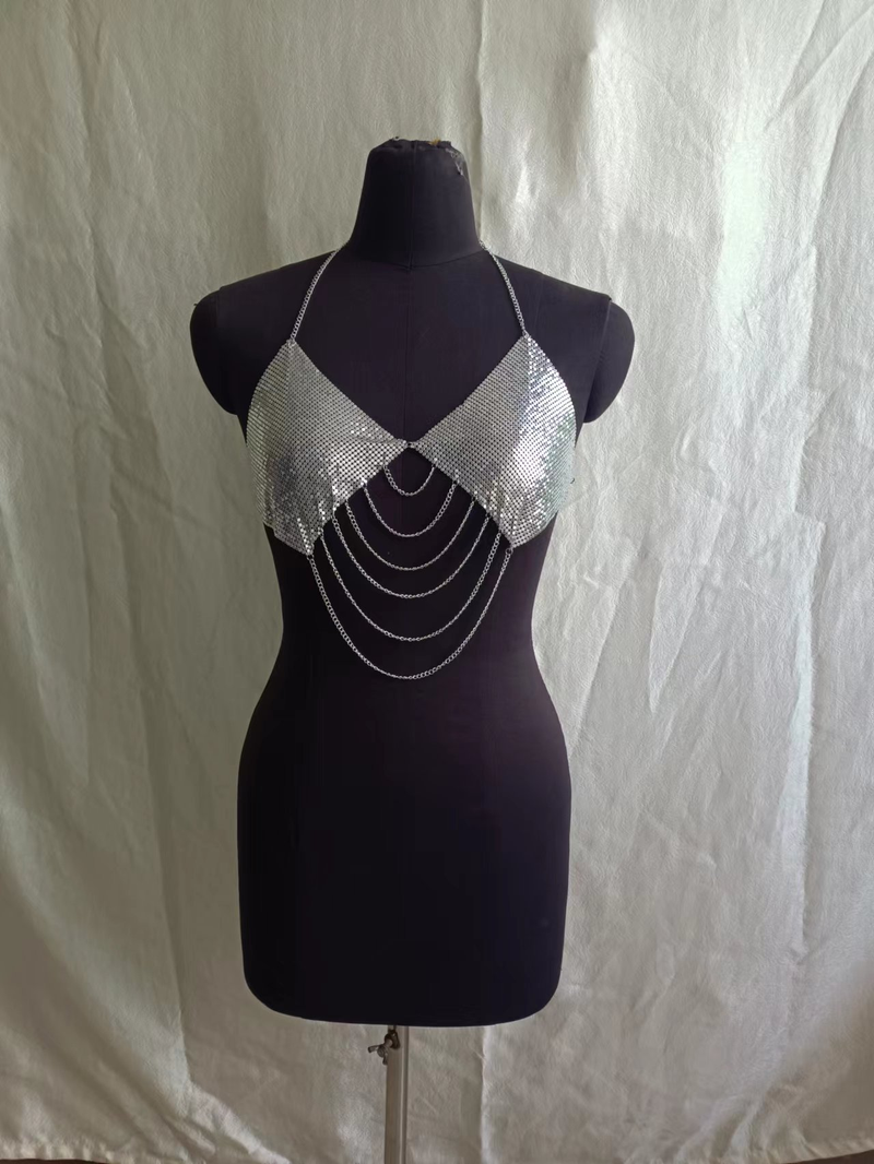 Strass-Inlay mehrlagig gewellte Quaste Kette Ausschnitt kleine Weste Top Kleidungsstück_voghion.com