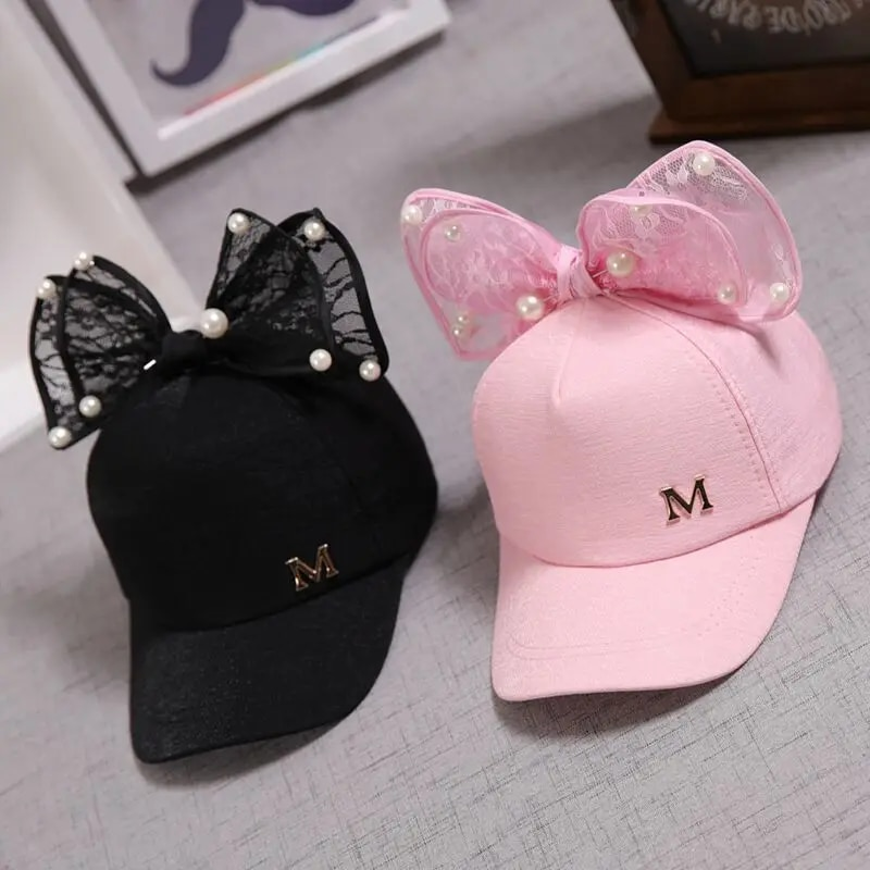 Carino Mesh Primavera Estate Bambini Berretto da baseball Ragazze Snapback Berretti Hip Hop Orecchio di coniglio Perla Grande fiocco Cappello da sole per bambini_voghion.com