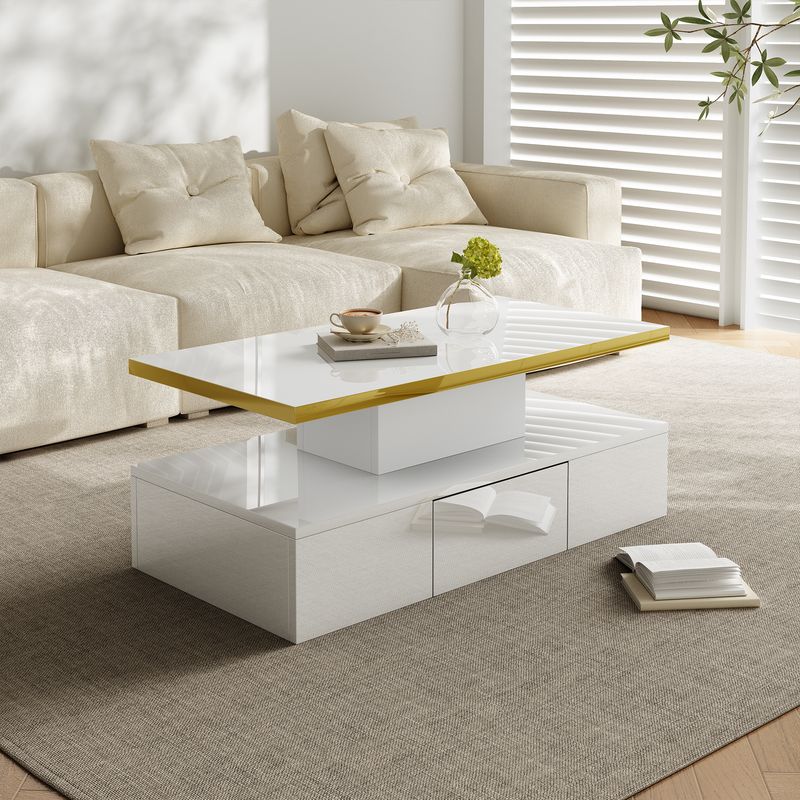Table basse moderne avec tiroirs, finition brillante, table d'appoint à 2 niveaux avec éclairage LED_voghion.com