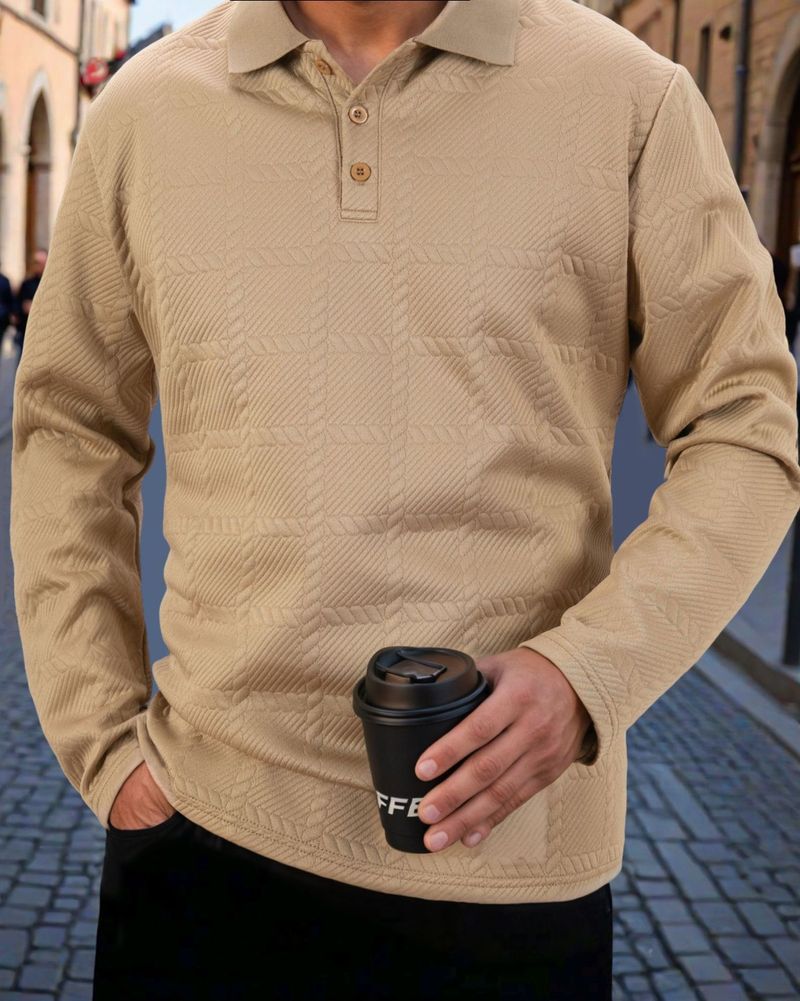 Langärmliges Poloshirt für Herren – Lässiges Button-Down-Hemd mit strukturiertem Strickkragen für Herbst und Winter – Atmungsaktives Baumwollmischgewebe, entspannte Passform_voghion.com