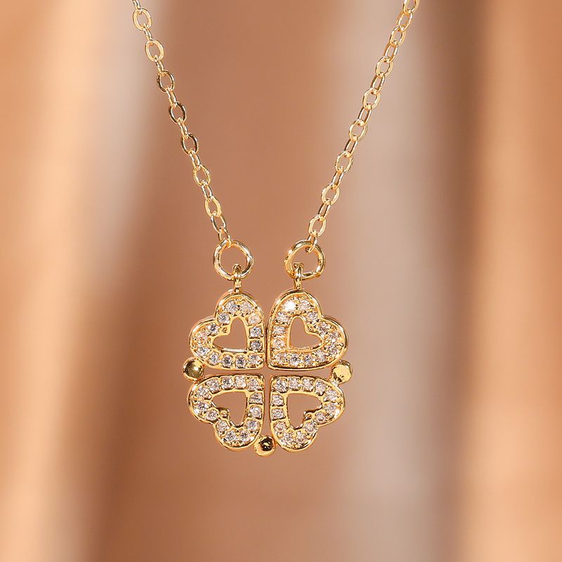 Compact Four-leaf Clover Fashion Magnetic Folding Heart Necklace Copper Micro-inlaid Electroplated Gold 4 Hearts_voghion.com