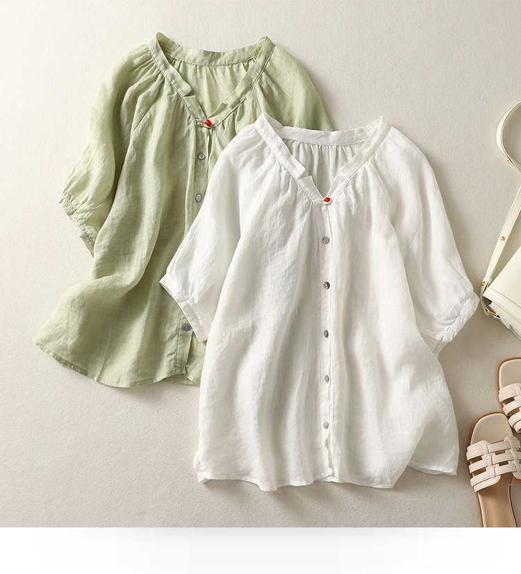 Camicia da donna in cotone e lino, semplice e ampia, a maniche corte_voghion.com
