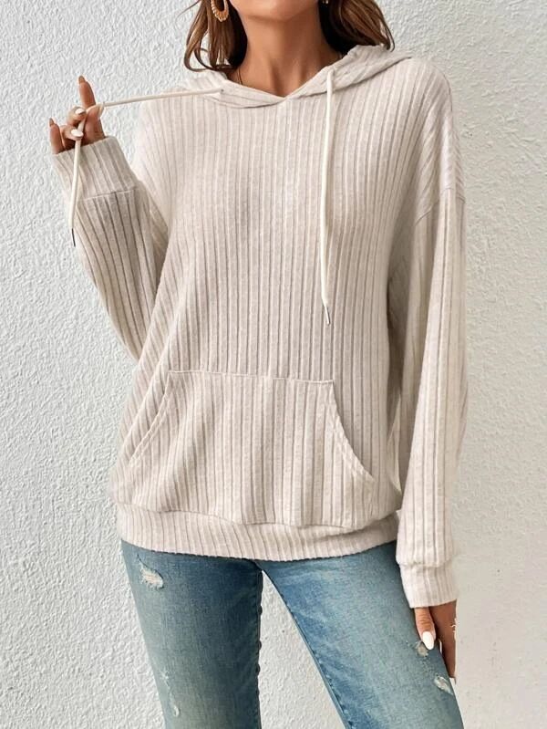Felpa oversize con cappuccio da donna con tasca a marsupio - Pullover in maglia a righe e quadri, abbigliamento casual da strada, fodera in morbido pile misto cotone_voghion.com