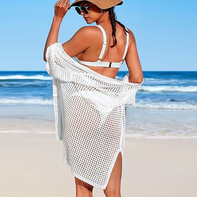 Strandüberzug aus Spitze und Strick mit kurzen Ärmeln für Damen – leichtes, sonnenschützendes Bademoden-Überkleid für Urlaub, Pool und Sommerausflüge_voghion.com