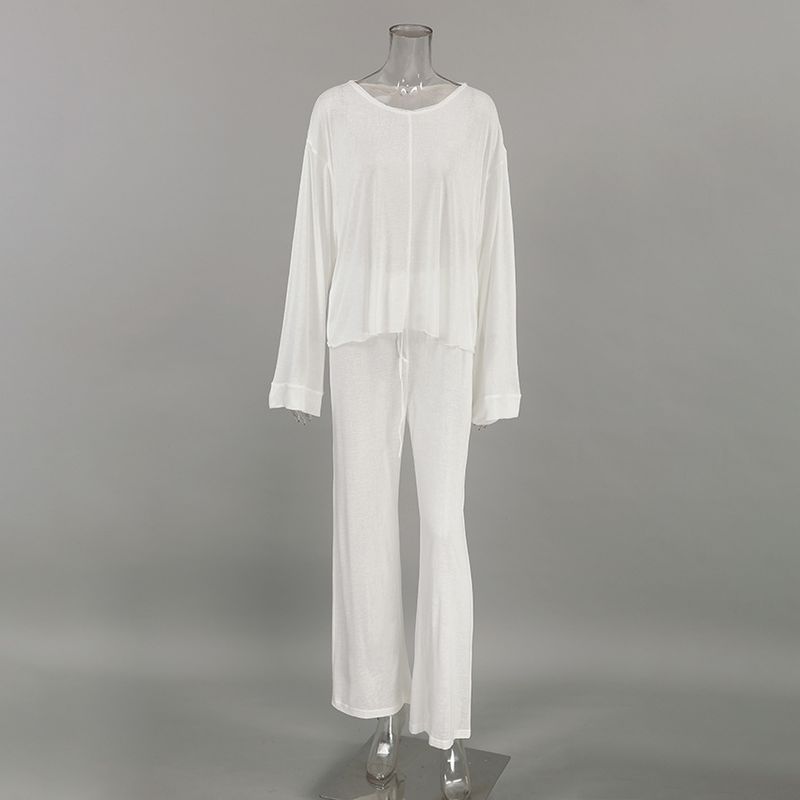 Women's sexy fashion knitted white round neck long sleeved pajamas trousers suit foreign trade soft skin friendly home clothes for women_voghion.com