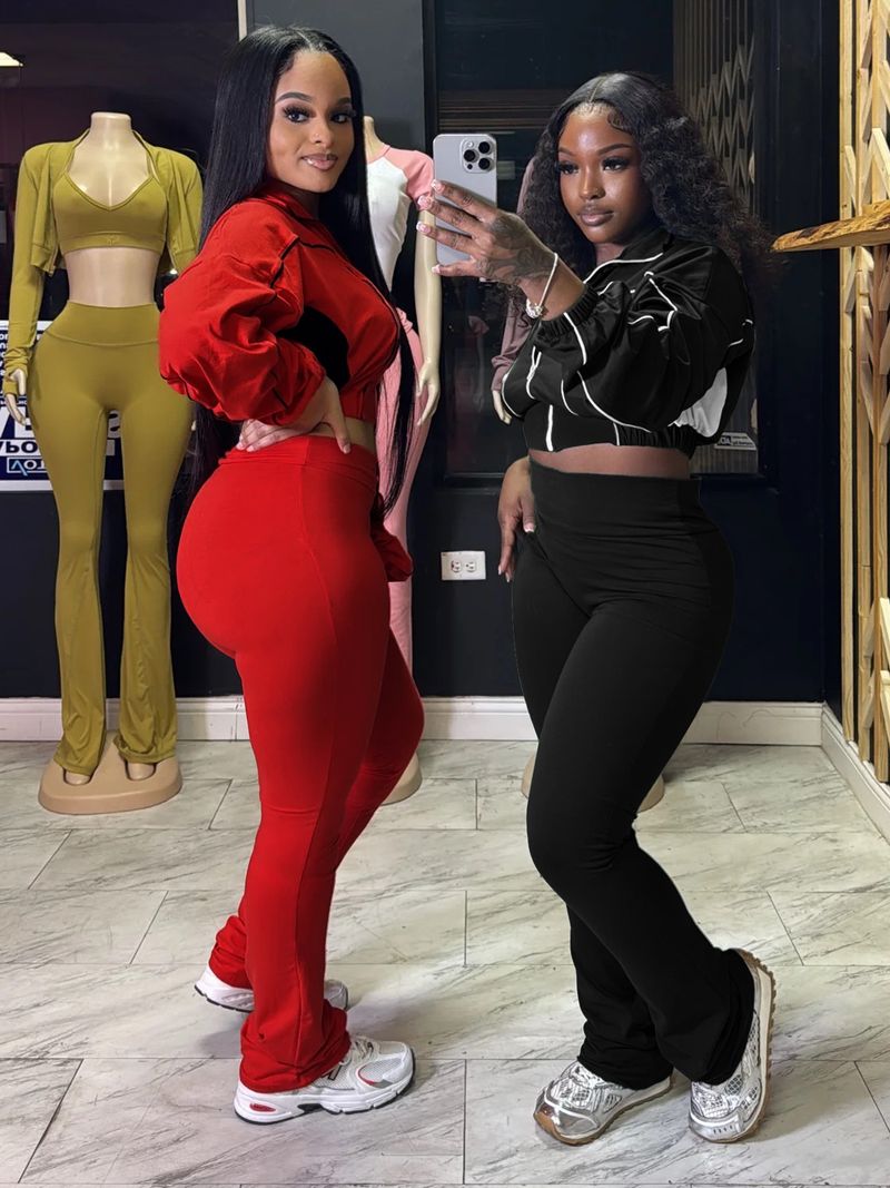 Women's Stylish Two-Tone Contrast Stitching Zip-Front Flared Pants Set – Trendy Office & Casual Outfit_voghion.com