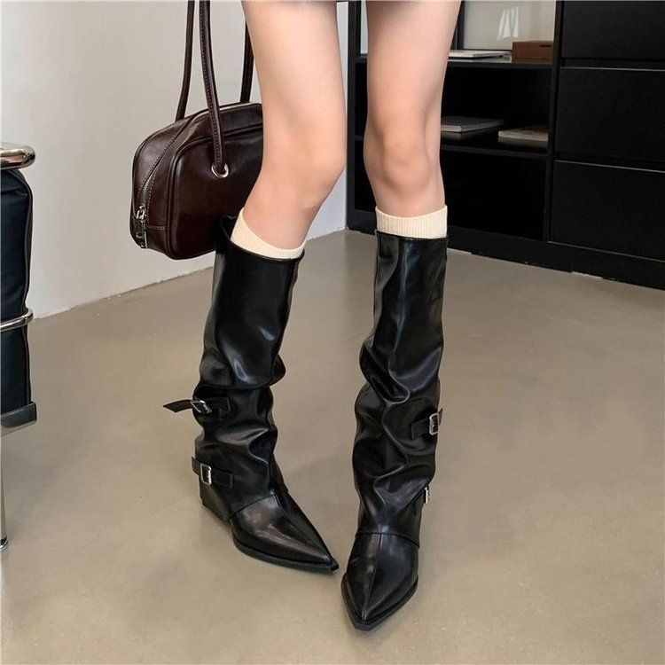 ShoeGlobe ShoeGlobe Pointed Toe Buckle Pleated Slouch For Women, Chunky 2025 Punk Riding Boots, Street Style Hot Girl High Heel Long Boots_voghion.com