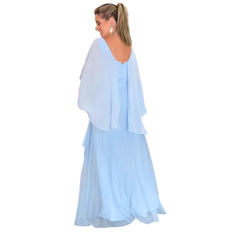 Women's solid-color shawl evening gown high-waisted chiffon pleated dress_voghion.com