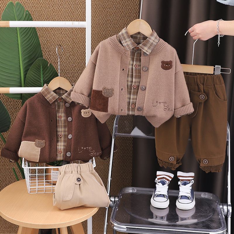 Pull ours en peluche à manches longues pour garçon, ensemble trois pièces, veste tricotée ample et décontractée, tendance, collection automne 2024_voghion.com